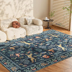 DUKINO 8x10 Rug, Washable Animal Living Room Rug with Non Slip Vintage Design, Soft Low Pile Large Carpet for Bedroom, Nursery, Dining Room, Farmhouse, Playroom, Navy Blue