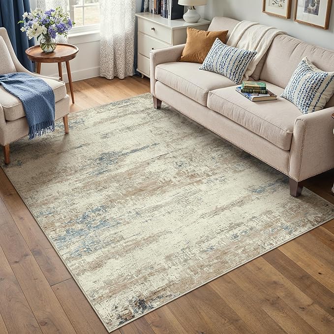 4x6 Area Rug Washable Beige Brown Abstract Office Carpet Modern Neutral Non Slip Soft Low Pile Indoor Entry Contemporary Aesthetic Door Mat Bedroom Throw Rug for Kitchen Laundry Dining Room