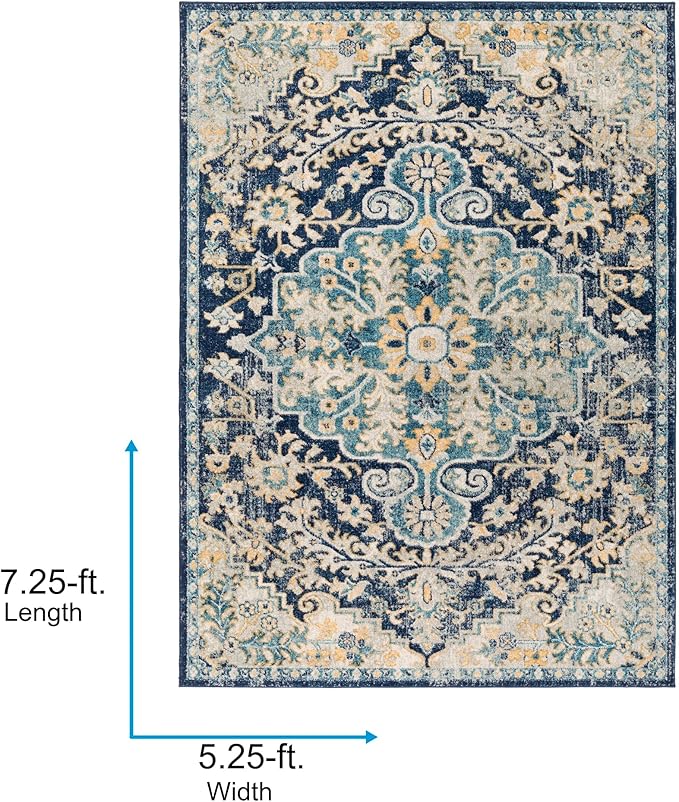 Livabliss Area Rugs - 5x7 Odelia Vintage Boho Blue Aqua Slate Area Rug for Living Room Bedroom - Floral Medallion Stain Resistant Carpet for Kitchen, Nursery, Office (5'3" x 7'3")