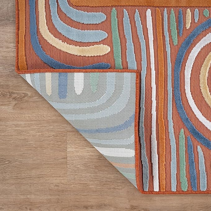 CAMILSON Indoor Outdoor Rug, Orange 9x12 Geometric Arch Striped Large Area Rugs for Patio and Home Areas, Easy-Cleaning Non-Shedding Living Room, Garden and Deck Washable Outside Carpet (9 x 12)