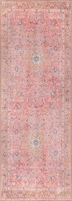 GLN Rugs Traditional Collection - Machine Washable Area Rug, Traditional Washable, Non Slip, Low Pile Chenille Rug, Living Room, Bedroom, Kitchen Rug (2'6" x 10' Pink/Cream)