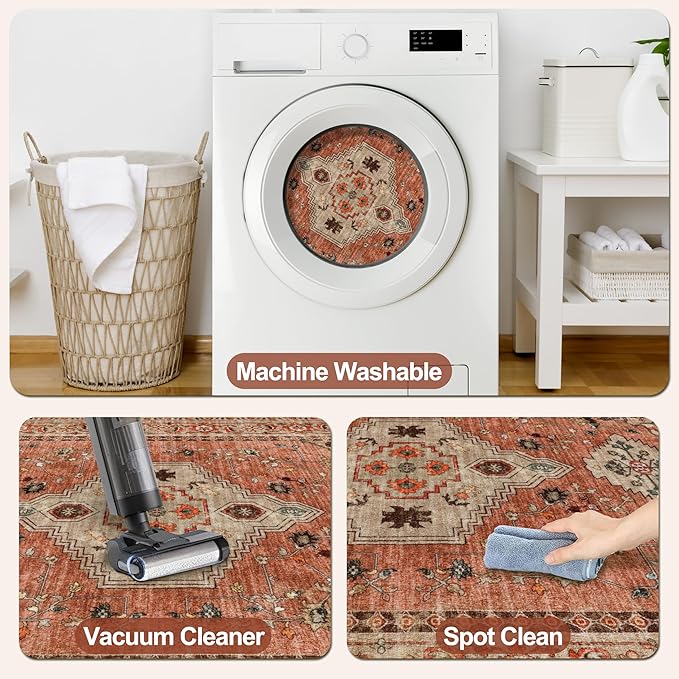 Tangsoo 8x10 Area Rug for Living Room, Washable Vintage Rug Indoor Boho Non Slip Large Area Rugs, Print Distressed Terracotta Carpet, Soft Low Pile Foldable Floor Rug for Bedroom Dining Room