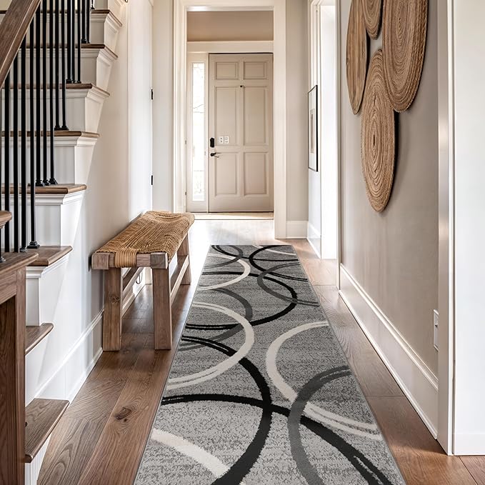Rugshop Wavy Circles Design Runner Rug, Carpet with Jute Backing for Hallway, Kitchen, or Entryway, Gray, 2'7" x 10'