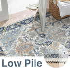 8x10 Area Rug Machine Washable Boho Rug for Living Room,Ultra-Thin Low Pile Carpet,Lightweight Indoor Printed Rug,Non Slip Floral Area Rug for Bedroom, Dining Room, Home Office,Blue