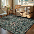 Farmhouse Dark Green Dining Room Rugs for Under Table - 6x9 Washable Cottagecore Distressed Low Pile Non Slip Flora Rug for Living Room, Bedroom, Nursery, Home Office - Soft Boho Moody Accent Mat