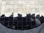 Round Geometric Patchwork Cowhide Leather Area Rug | Washable Non-Slip Carpet for Living Room, Bedroom & Home Décor(6x6 ft_White & Black)