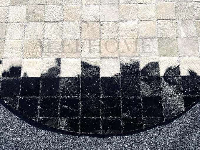 Round Geometric Patchwork Cowhide Leather Area Rug | Washable Non-Slip Carpet for Living Room, Bedroom & Home Décor(6x6 ft_White & Black)