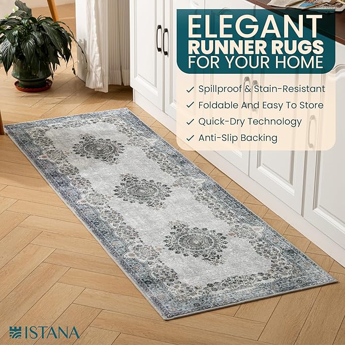 Istana Hallway Runner Rug 2x6 - Blue Kitchen Rugs Non Slip Washable -Silk's Soft Touch Carpet Runner - Stylish Rug for Home