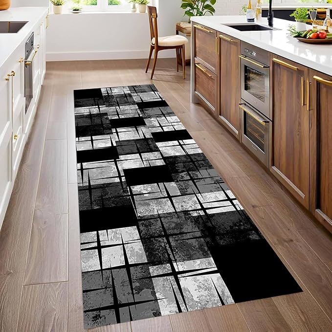 Distressed Checkered Runner Rugs, 2x8ft, Washable Runner Rug with Rubber Backing, Soft Vintage Geometric Black Grey Floor Carpet for Front Door Home Office