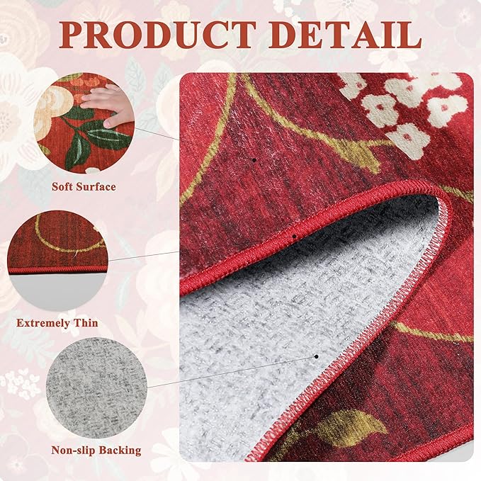 DUKINO 5x7 Area Rug, Floral Rugs for Living Room, Lightweight Non Slip Washable Rug, Indoor Low Pile & Non-Shedding Boho Design Rugs for Bedroom, Living Room, Dining Room, Red