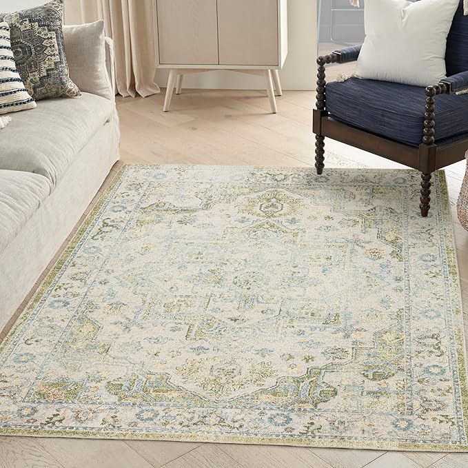 Nourison Home Astra Machine Washable Blue Green 5'3" x 7' Area Rug - Easy Clean, Non Shedding, Bed Room, Living Room, Dining Room, Kitchen (5' x 7')