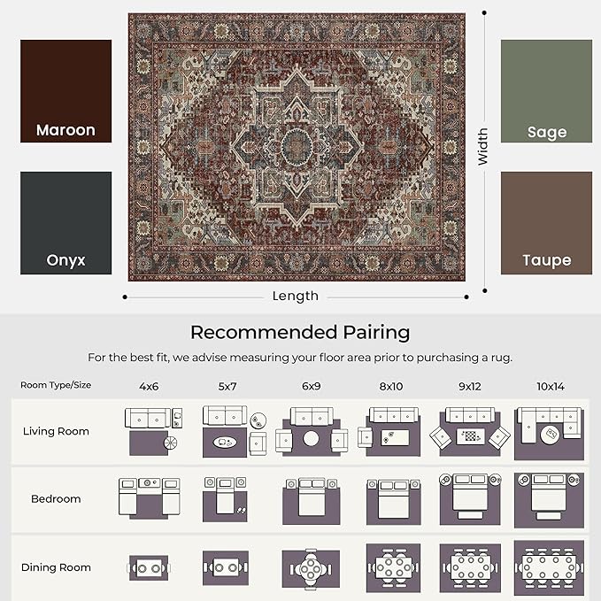 Kokia 6x9 Washable Area Rugs Maroon with Vintage Orient Design, Soft Rug for Living Room or Bedroom, Non-Slip Low Pile Stain Resistance Features, Distressed Medallion Pattern