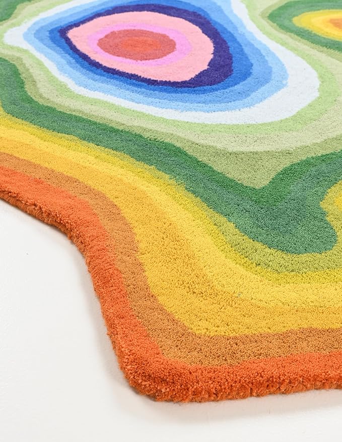 Irregular Shaped Handmade Wool Area Rug | Modern Colourful Stripe Premium Carpet | Perfect for Living Room, Bedroom, Dining Room & Home Decor (Rainbow, 4x4 ft)