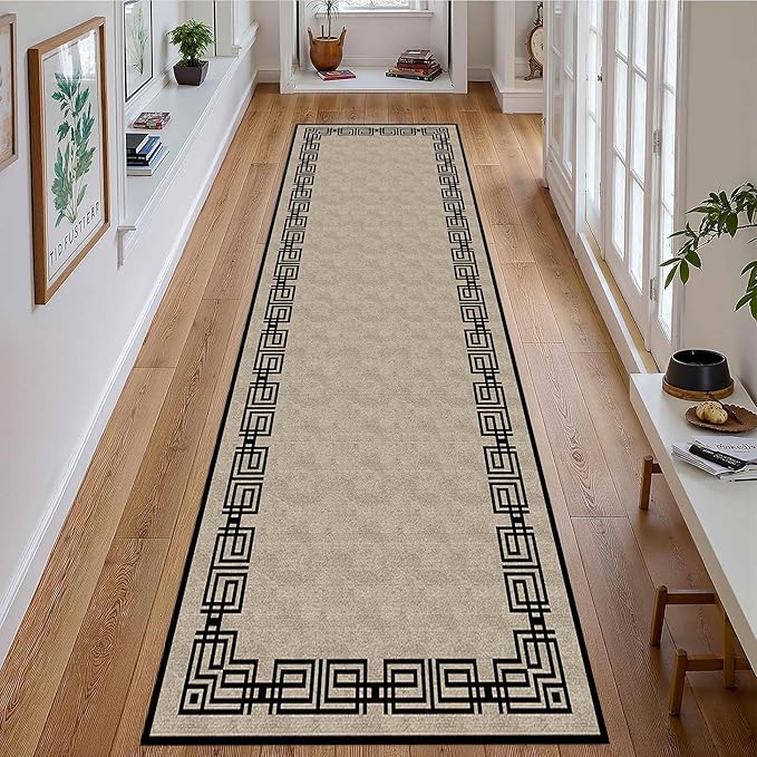 Vintage Tribal Hallway Rugs, 1.3x7ft, Southwest Brown Rustic Native Ethnic Greek Key Pattern Carpet Runners, Ultra-Thin Foldable Low Pile Distressed Rug for Dining Room Lounge
