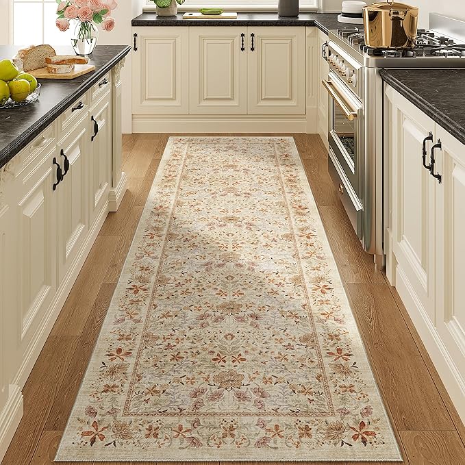 DUKINO 2x6 Runner Rug for Hallway, Washable Vintage Floral Kitchen Rug with Non Slip Backing, Soft Low Pile Throw Carpet Runner for Kitchen, Laundry, Hallway, Bathroom, Beige