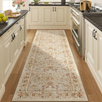 DUKINO 2x6 Runner Rug for Hallway, Washable Vintage Floral Kitchen Rug with Non Slip Backing, Soft Low Pile Throw Carpet Runner for Kitchen, Laundry, Hallway, Bathroom, Beige