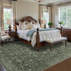 Washable Area Rug 8x10 Green Rugs for Living Room, Vintage Boho Large Rug for Bedroom Dining Room Office, Distressed Floral Print Carpet for Under Table, Soft Non Slip Low Pile Throw Carpet Indoor Mat