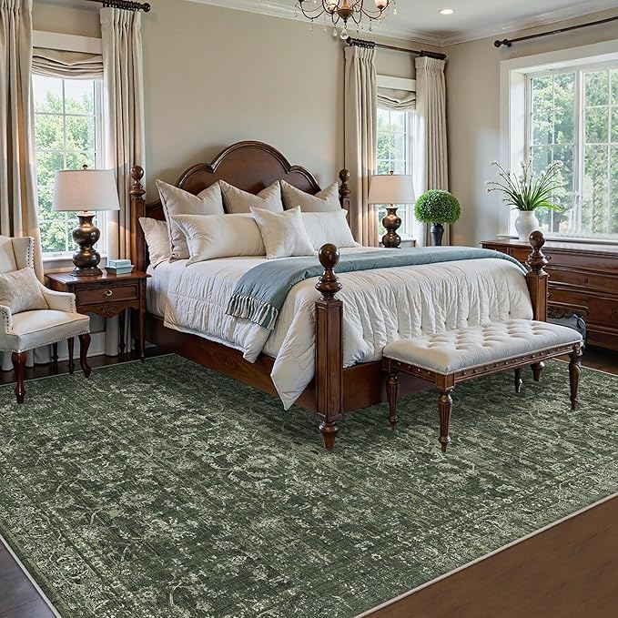 Washable Area Rug 9x12 Green Rugs for Living Room, Vintage Boho Large Rug for Bedroom Dining Room Office, Distressed Floral Print Carpet for Under Table, Soft Non Slip Low Pile Throw Carpet Indoor Mat