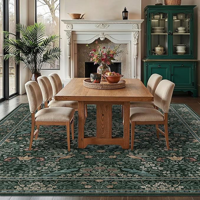 8x10 Floral Washable Area Rug for Living Room, Vintage Boho Large Rugs for Bedroom Dining Room, Botanical Birds Non Slip Low Pile Forest Throw Carpet for Farmhouse Office, Retro Green/Blue