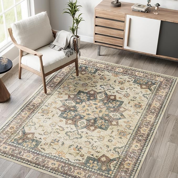 Dripex Vintage 5x7 Area Rugs -Large Washable Area Rug for Living Room Bedroom Oriental Medallion Floral Print Floor Carpet Low-Pile Indoor Soft Non-Slip Accent Rug Farmhouse Home Office Decor
