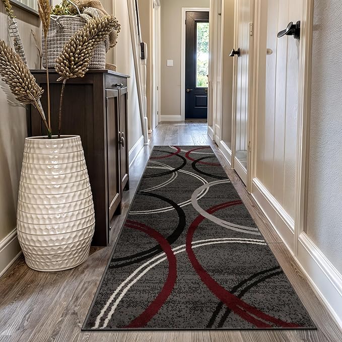Rugshop Modern Wavy Circles Design Non-Shedding Runner Rug, Carpet for Hallway or Kitchen, Red, 2'7" x 8'