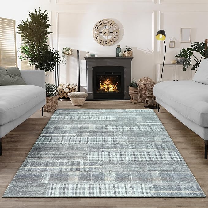 Bloom Rugs Washable Non-Slip 6' x 9' Rug - Gray Striped Area Rug for Living Room, Bedroom, Dining Room, and Kitchen - Exact Size: 6' x 9'