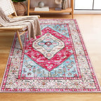 Lahome Boho Round Rug - 6Ft Washable Area Rug, Non-Slip Small Bathroom Rug, Lightweight Bedroom Throw, Oriental Distressed Print Carpet for Entryway, Sofa, Nursery, Kids Room