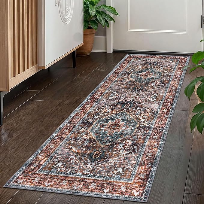 KOZYFLY Runners for Hallways 2x5 Ft Washable Kitchen Runner Rug Boho Runner Rug for Entryway Indoor Printed Oriental Faux Wool Floor Carpet Runner for Laundry Room Kitchen Hall, Brick Red/Orange/Green