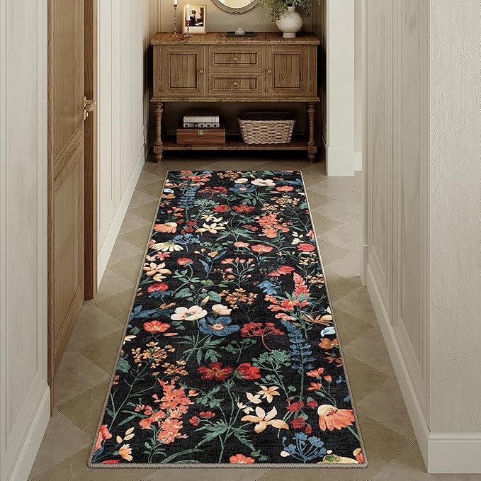 Floral Runner Rug 3x8 Washable Hallway Long Black Bedroom Carpet Non Slip Indoor Boho Kitchen Low Pile Accent Rug Lightweight Soft for Bathroom Dining Laundry Living Room
