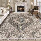 Tangsoo 8x10 Area Rugs for Living Room, 8x10 Washable Rug Vintage Indoor Non Slip Large Area Rugs, Print Distressed Grey Carpet, Soft Low Pile Foldable Floor for Bedroom Dining Room Dorm