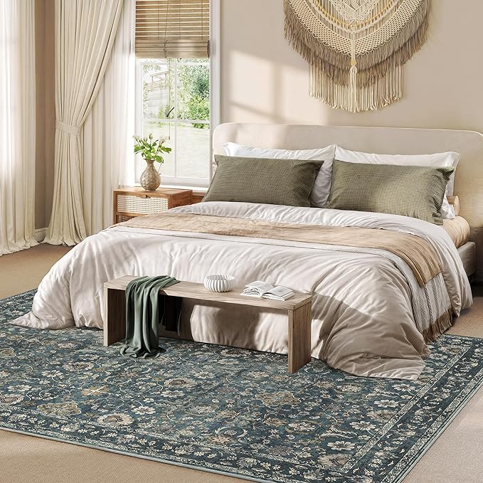 5X7 Area Rugs for Living Room, Soft Rugs Blue Washable Rug, Indoor Vintage Rugs for Bedroom Home Office Laundry, Rubber Backed Non Slip Low Pile Carpet, Deep Blue