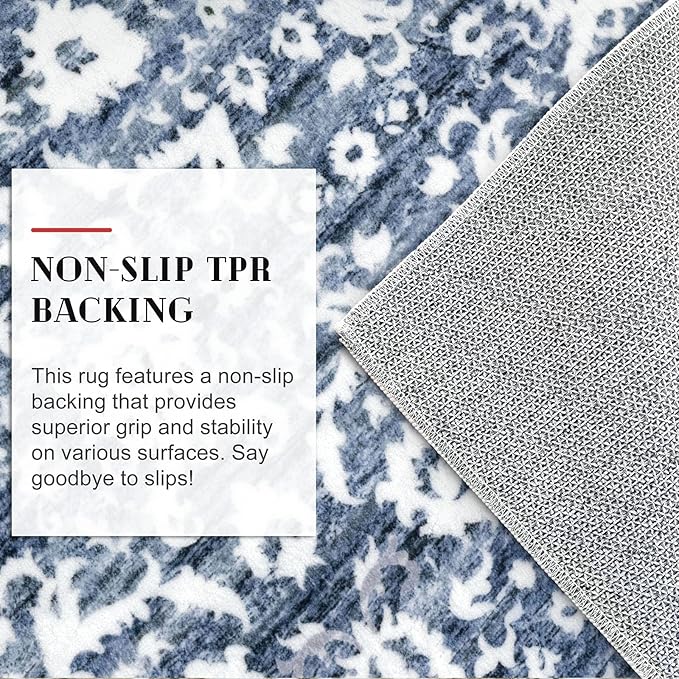 Runner Rug 2.6x12, Light Blue White Washable Long Hallway Rug Runner Non-Slip Soft Kitchen Runner Thin Printed Faux Wool Super Soft Carpet for Entryway Bedroom Laundry Room Indoor Home Decor