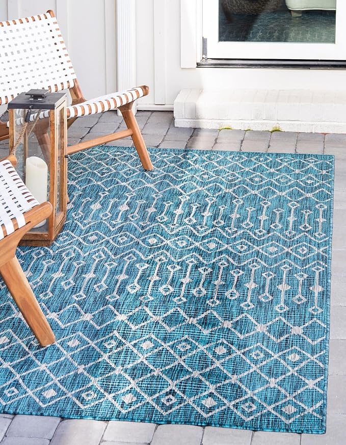 Unique Loom Outdoor Trellis Collection Area Rug - Tribal Trellis (10' x 14' 1" Rectangle, Teal/ Ivory)
