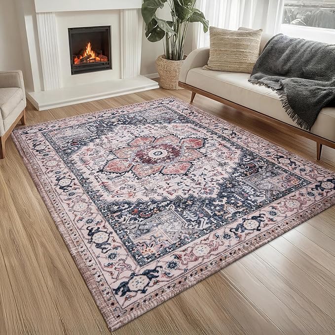 PURRUGS Vintage Farmhouse Boho Area Rug 5x7 ft, Non-Slip Machine Washable Rug, Accent Oriental Rug for Living Room, Dining Room, Bedroom, Entryway and Kitchen, Coral Red/Marine Blue
