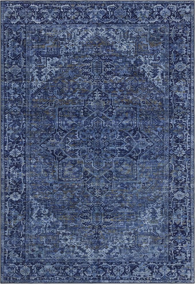 ReaLife Rugs Machine Washable Area Rug - Living Room Bedroom Bathroom Kitchen Entryway Office - Padded Low Pile Stain Resistant Premium - Boho Vintage Traditional - Lyle - Blue 7'6" x 9'6"