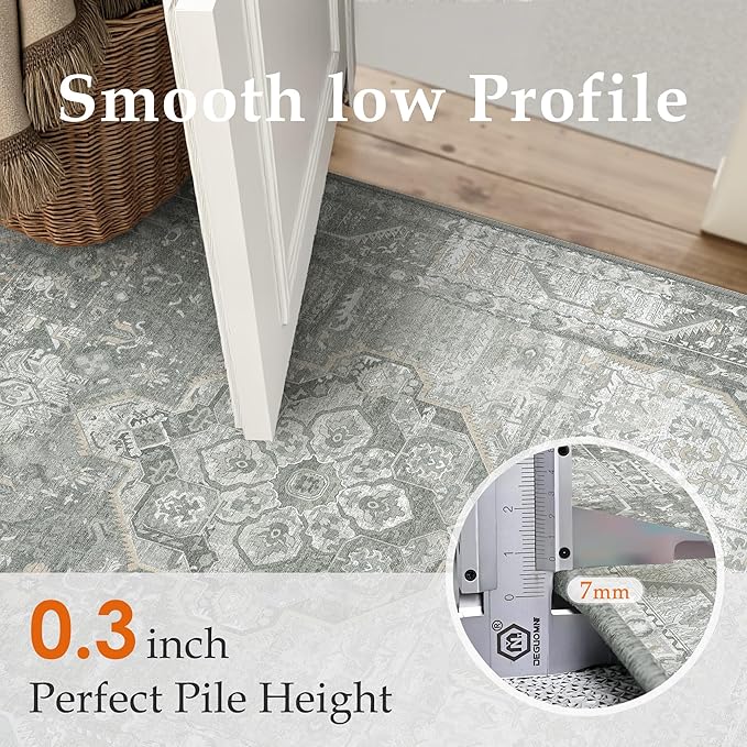 6x9 Grey Washable Vintage Area Rug for Living Room Bedroom Non Slip Distressed Traditional Soft Large Throw Rug Low Pile Lightweight Floral Carpet Office Indoor Playroom Dining Room