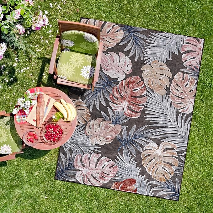 CAMILSON Indoor Outdoor Rug, Brown 5x7 Leaf Tropical Botanical Area Rugs for Indoor and Outdoor patios, Easy-Cleaning Non-Shedding Living Room, Garden and Kitchen Washable Outside Carpet (5 x 7)