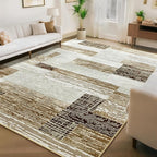Large Area Rugs,Modern Geometric Patchwork Floor Decor for Bedroom Aesthetic Carpet, Rockwood Collection, Indoor Rugs for Living Room, Dining Room, Nursery, Office, Machine Washable Rug,6x9 Ft Beige