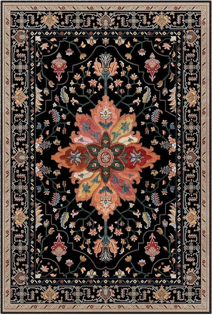 Area Rugs 2'x9' Washable Non-Slip, Floral Vintage Distress Print Pattern Medallion Carpet for Living Room Bedroom Dining Room, Black Colorful Floral Dark Tan