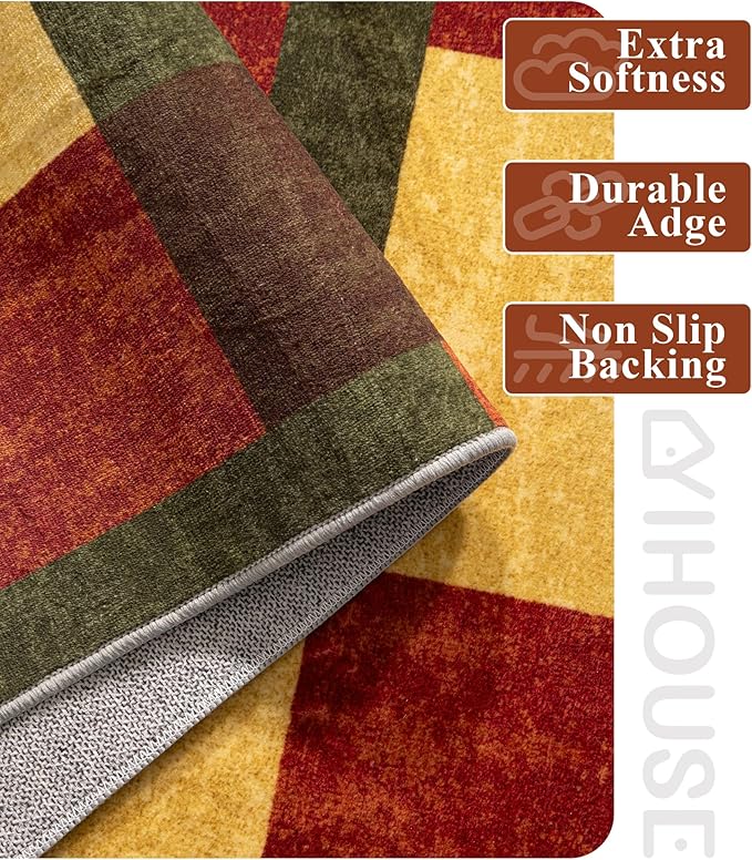YIHOUSE Red and Green Entryway Rug 2x3,Checkered Area Rug,Vintage Welcome Mats for Front Door, Farmhouse Kitchen Rugs Washable, Geometric Area Rug for Indoor Entrance,Brown Boho Rugs