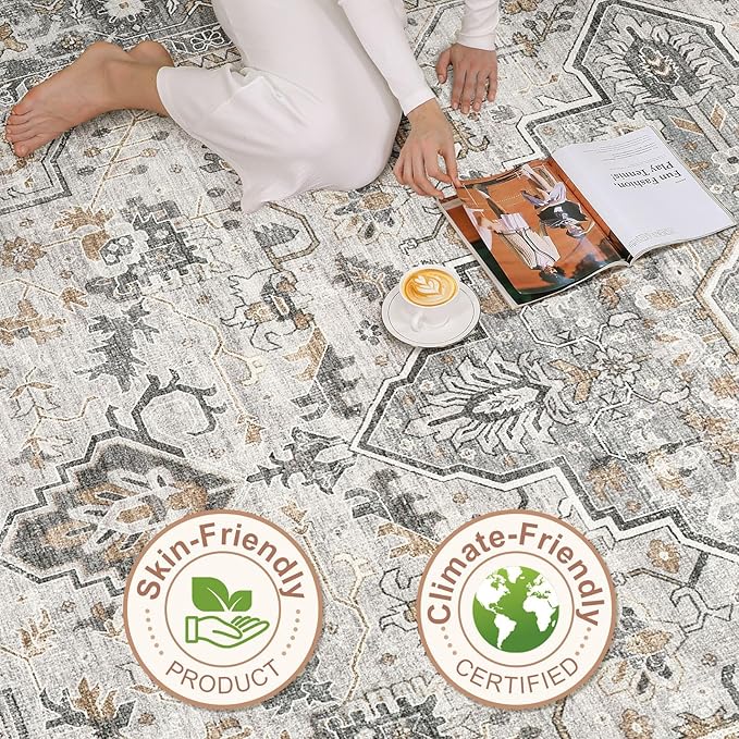 7x9 Area Rug Living Room: Washable Boho Large Neutral Vintage Soft Rugs Stain Resistant Distressed Farmhouse Non-Slip Indoor Floor Carpet for Bedroom Nursery Kids Office Dining Room- Taupe