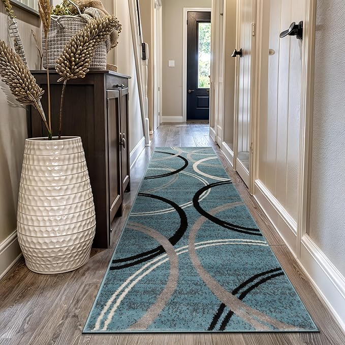 Rugshop Modern Wavy Circles Design Runner Rug, Non-Shedding Carpet for Hallway, Kitchen, or Entryway, Blue, 2'7" x 12'
