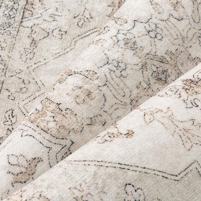Beige Area Rug 8x10 Washable Vintage Carpet for Living Room Bedroom Large Soft Retro Low Pile Thin Indoor Rug Non Slip Oriental Medallion Floor Cover for Dining Room Office