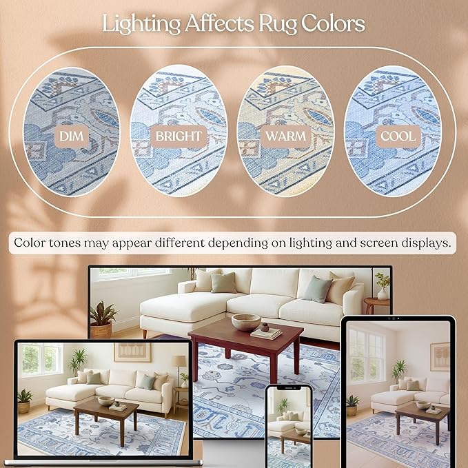Fame Living Cream Blue Oushak Rug, Modern, Vintage, Turkish, Eclectic, Floral, Pastel, Washable, Oversized, Extra Large Area Rugs for Living Room, Dining, Bedroom, Lounge 9'5"x14'