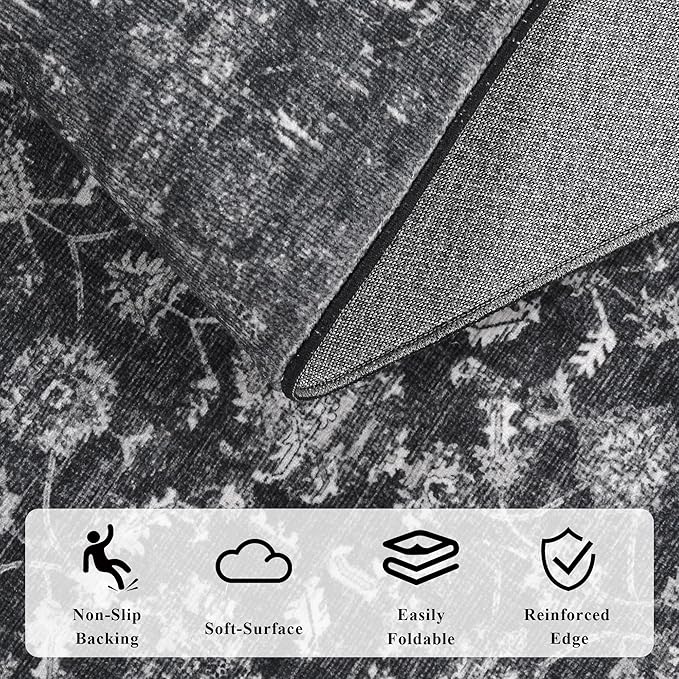 Washable Area Rug 2.6x8 Black Runner Rugs for Living Room, Vintage Boho Hallway Large Rug for Bedroom Dining Room Office, Distressed Floral Carpet for Under Table, Soft Non Slip Low Pile Throw Carpet
