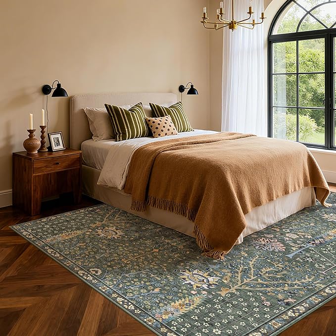 Kokia Boho Vintage Floral Area Rugs, Washable Oriental Botanical Rugs for Living Room, Bedroom, Dining Room, Office, Large Soft Indoor Area Rug, Sage Green，9x12