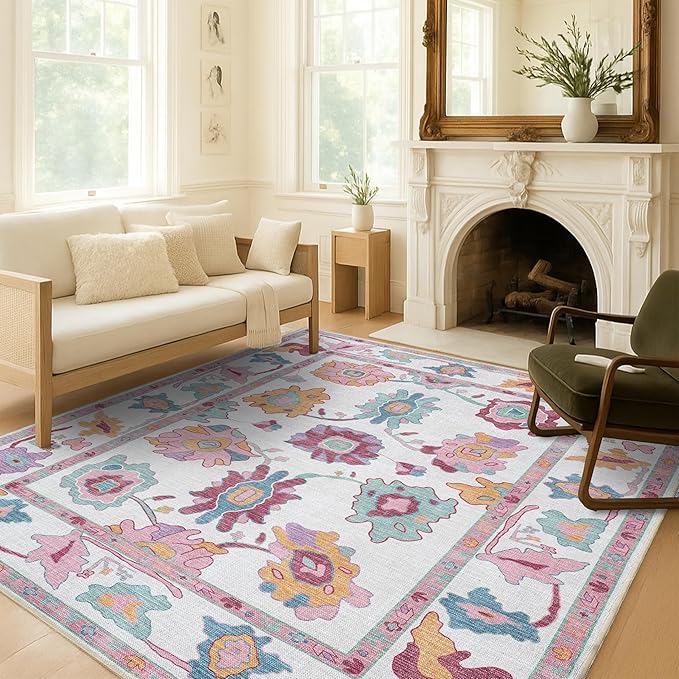 Fame Living Pink Oushak Rug, Modern, Vintage, Turkish, Eclectic, Floral, Pastel, Washable, Large Area Rugs for Living Room, Dining, Bedroom, Girls, Boys, 7'5"x9'8"