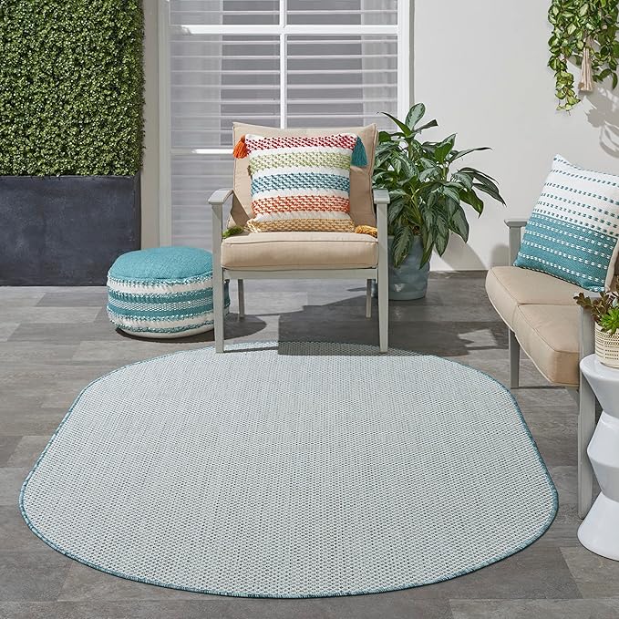 Nourison Home Courtyard Ivory Aqua 5' x 8' Oval Area Rug - Easy Clean, Non Shedding, Bed Room, Living Room, Dining Room, Kitchen (5' x 8' Oval)
