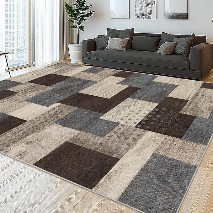 Modern Geometric Patchwork Indoor Area Rug for Living Room, Blue-Taupe 9'x 12' Large Rug Rockwood Collection Hardwood Floors Decor for Bedroom, Blue Throw Carpet for Office Entryway Dining Room