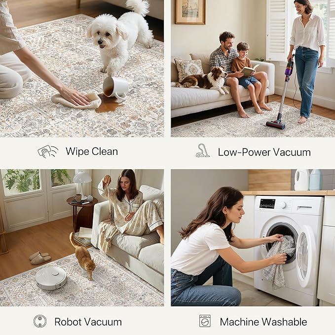Bavni 2'6''x6 Rug Runners for Hallways, Washable Runner Rug Non Slip, Vintage Floral Print Style Rugs for Bedroom-Lightweight Low Pile Carpet for Hallways Bathroom, Beige Gery